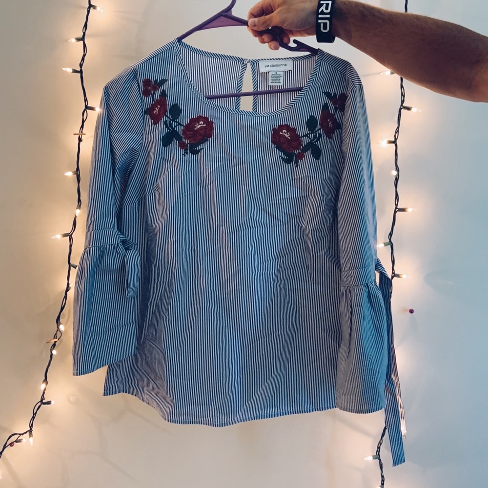 Floral navy and blue striped blouse